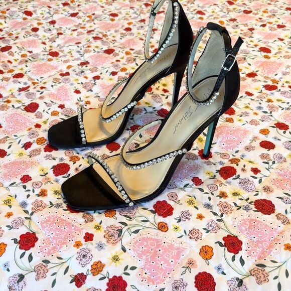 Elisa Black Satin Rhinestone Ankle Strap Heels - Picture 5 of 8